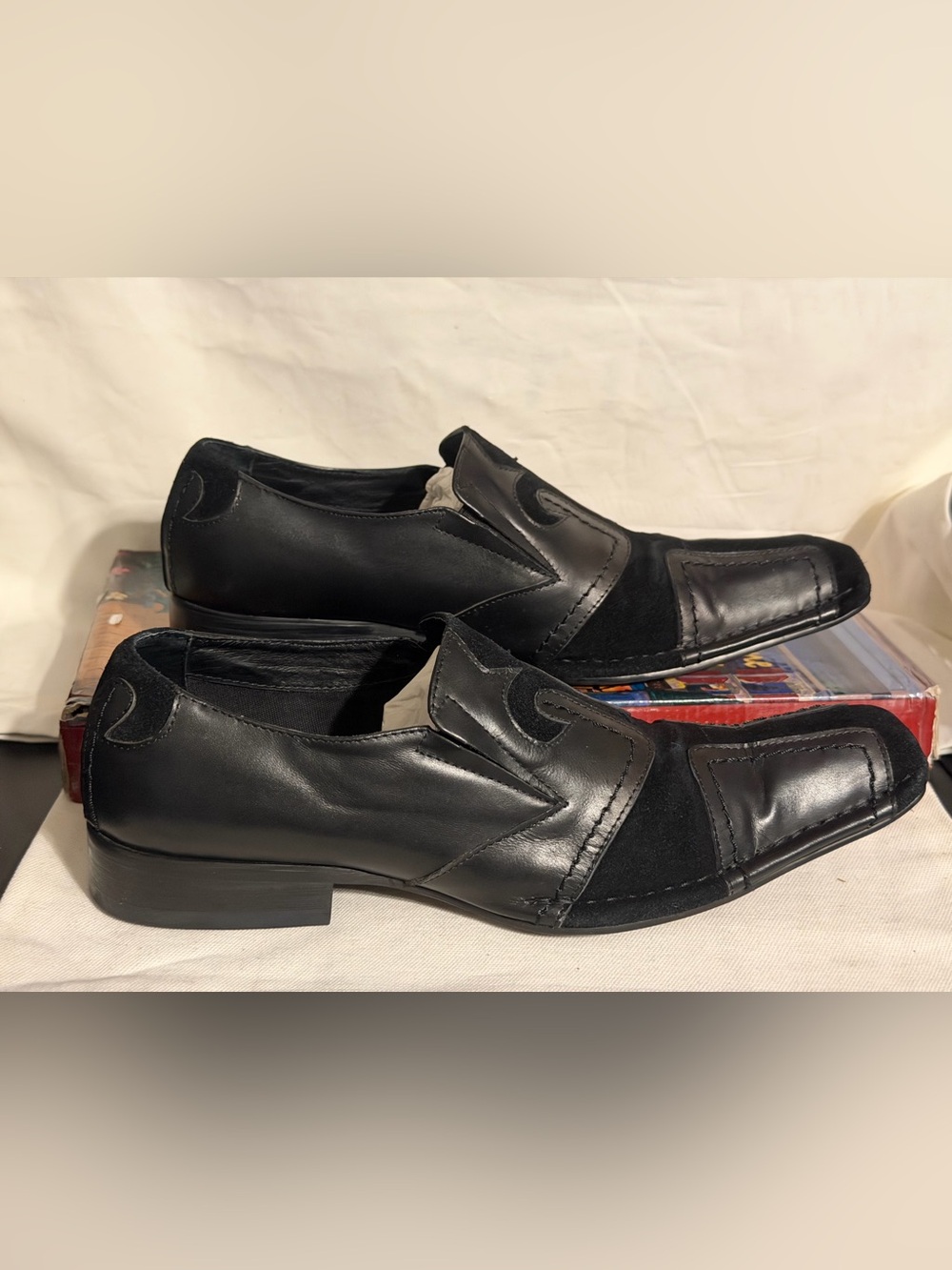 Robert Wayne Black Leather & Suede Slip-Ons with Square Toe